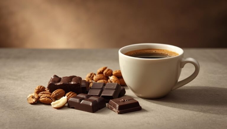 taza de café acompañada de chocolates y frutos