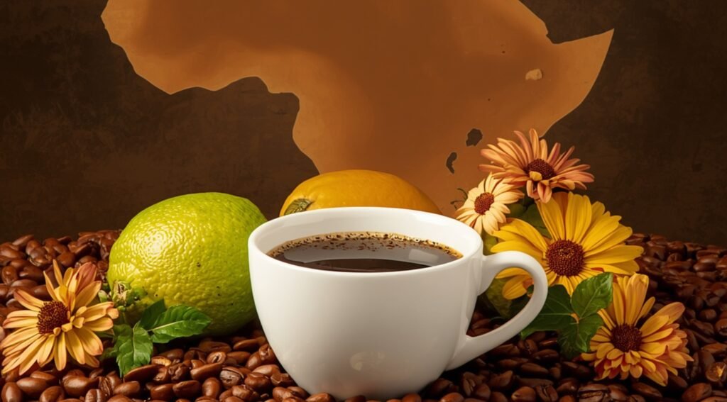 Taza de café de origen africano representa las notas frutales y citricas